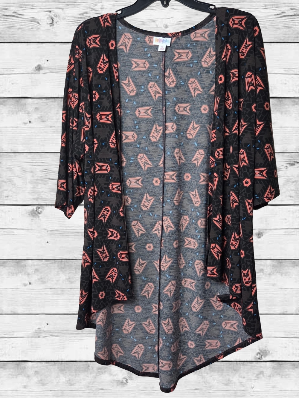 LuLaRoe Lindsay Black and Coral Geometric Sheer Kimono Size Small